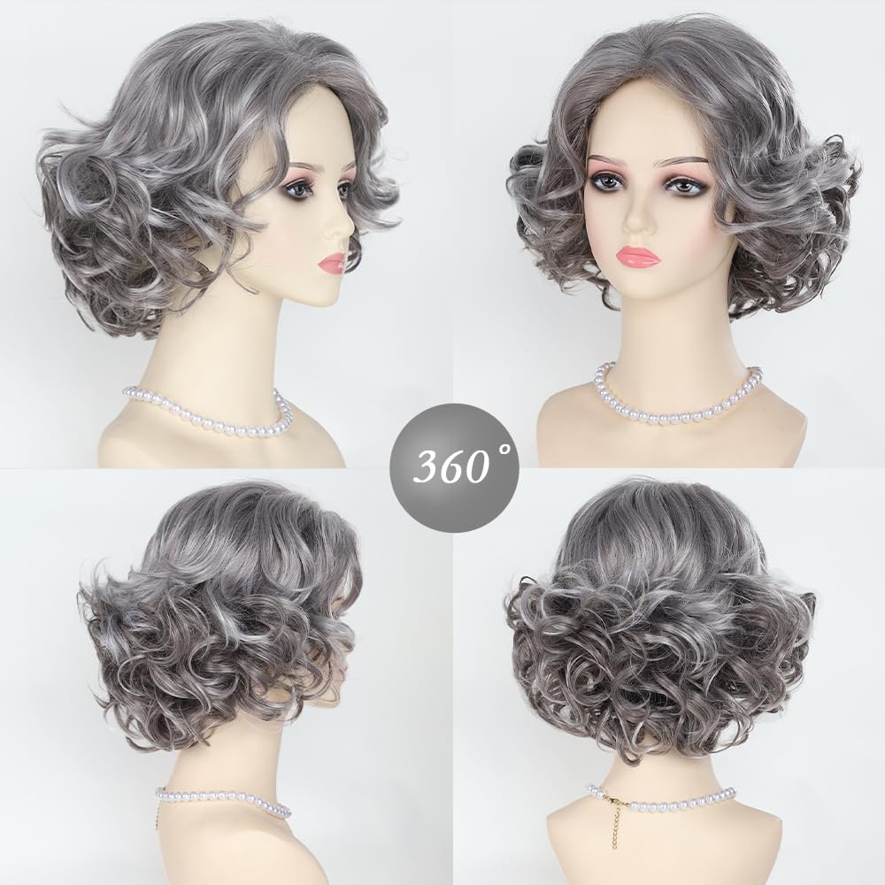 Grey Curly Bob Wigs for Women Short Wavy Silver Wig Old Lady Synthetic Wig - Wigtrends