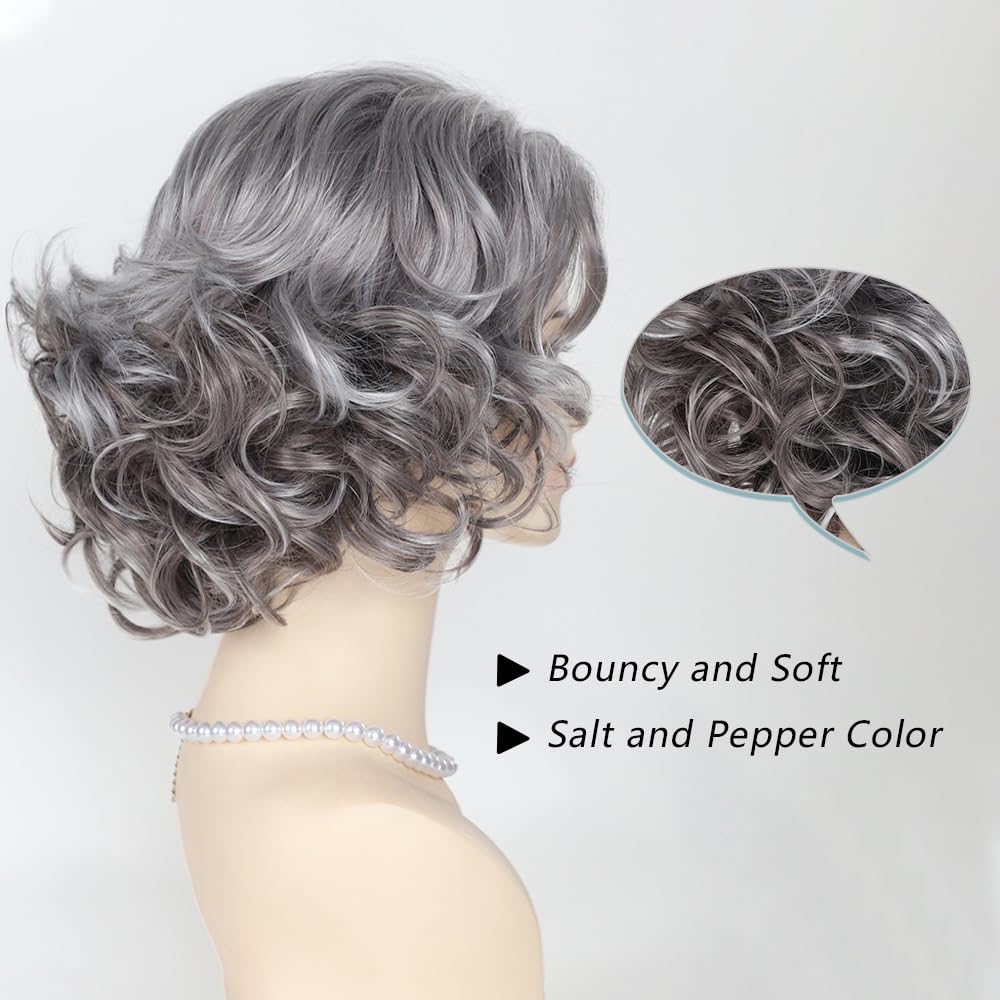 Grey Curly Bob Wigs for Women Short Wavy Silver Wig Old Lady Synthetic Wig - Wigtrends