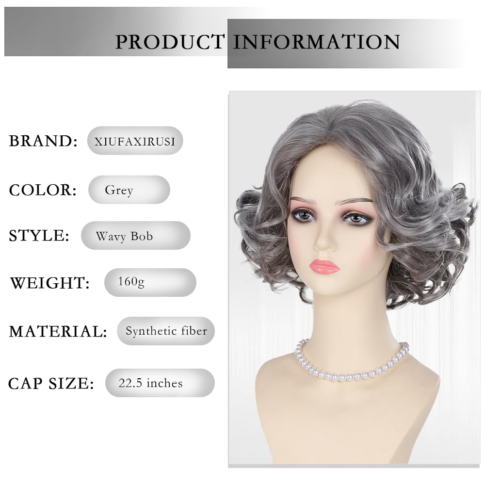 Grey Curly Bob Wigs for Women Short Wavy Silver Wig Old Lady Synthetic Wig - Wigtrends