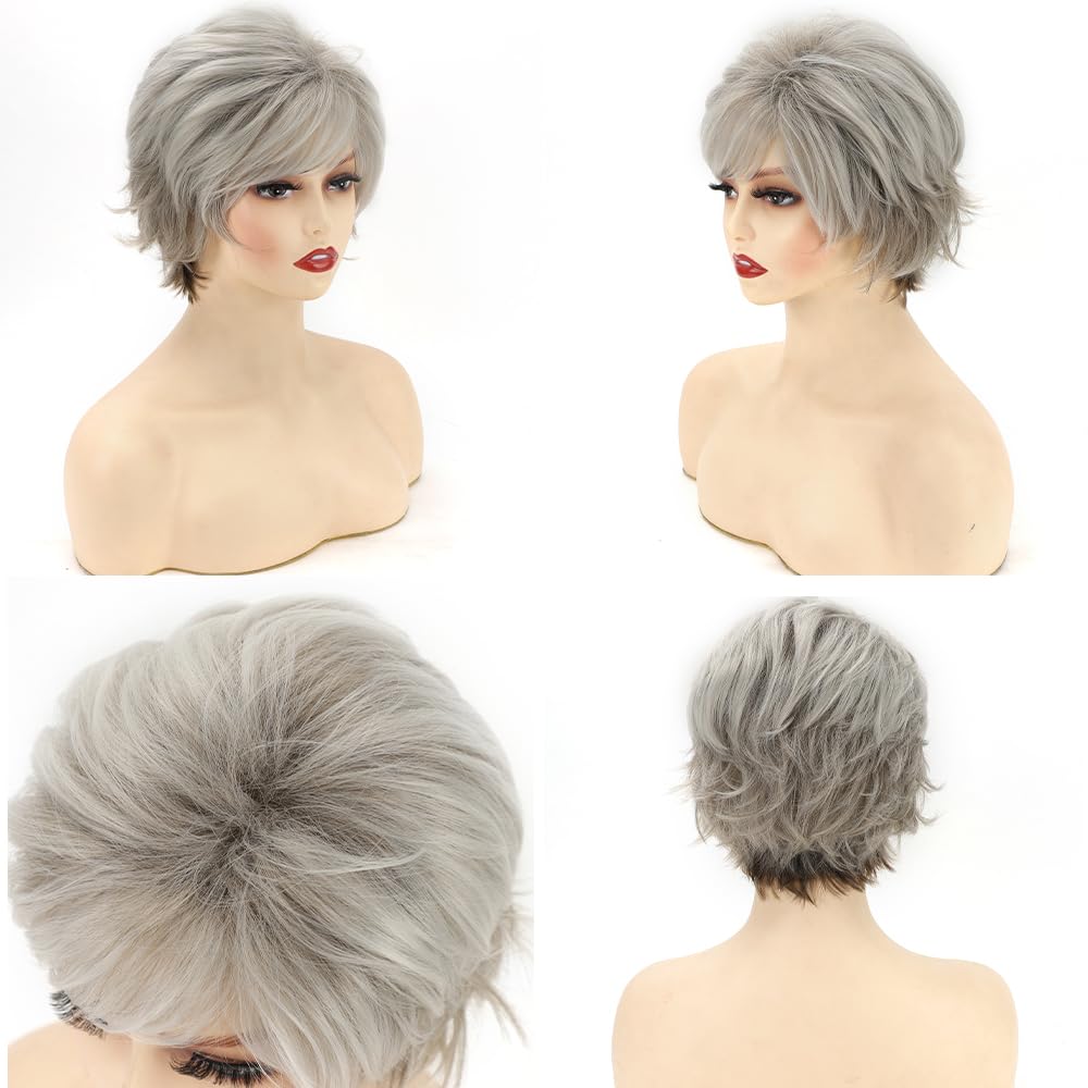 Grey Curly Bob Wigs for Women Short Wavy Silver Wig Old Lady Synthetic Wig - Wigtrends