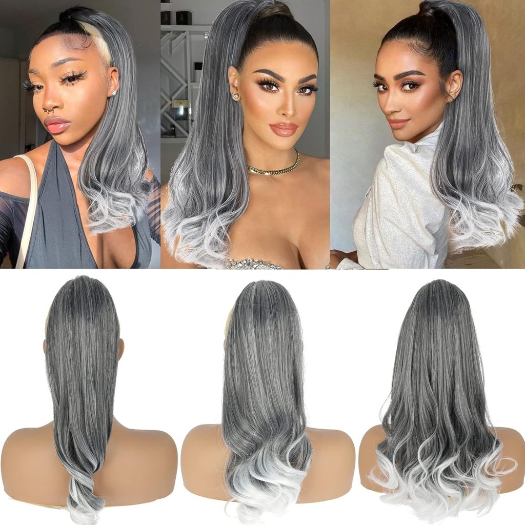 Grey Drawstring Ponytail Salt and Pepper Pony Tails Hair Extensions for Black Women 18inch Synthetic Curly Ponytails Extension Clip in on Hair Pieces for Women - Wigtrends