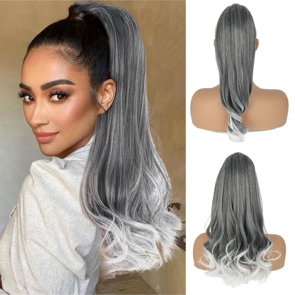 Grey Drawstring Ponytail Salt and Pepper Pony Tails Hair Extensions for Black Women 18inch Synthetic Curly Ponytails Extension Clip in on Hair Pieces for Women - Wigtrends