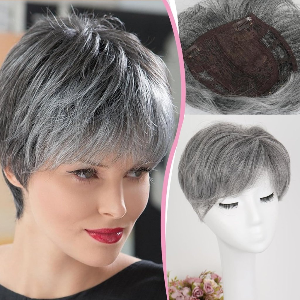 Grey Hair Toppers Wiglets Hairpieces for Thinning Hair Clip on Hair Pieces Women Grey Short Human Hair Wigs with Bangs Salt and Pepper Toppers for Thin Hair - Wigtrends