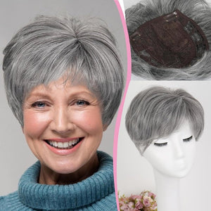 Grey Hair Toppers Wiglets Hairpieces for Thinning Hair Clip on Hair Pieces Women Grey Short Human Hair Wigs with Bangs Salt and Pepper Toppers for Thin Hair - Wigtrends