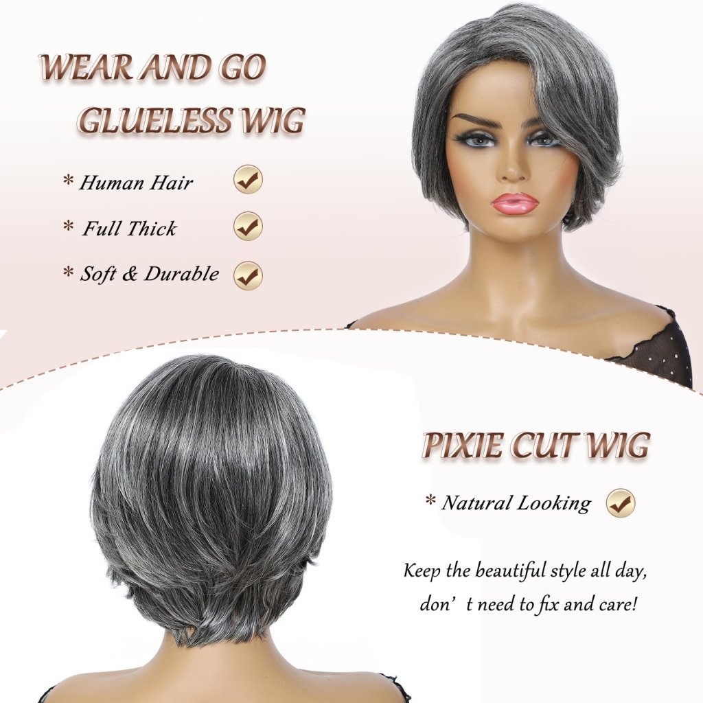 Grey Human Hair Wig for Women Layered Salt and Pepper Pixie Cut Wigs - Wigtrends