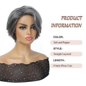 Grey Human Hair Wig for Women Layered Salt and Pepper Pixie Cut Wigs - Wigtrends