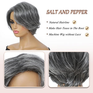 Grey Human Hair Wig for Women Layered Salt and Pepper Pixie Cut Wigs - Wigtrends