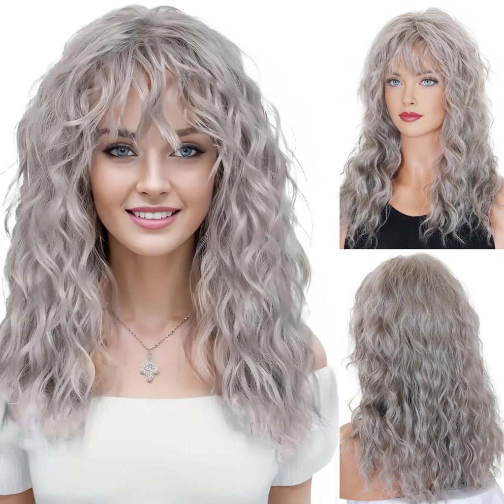 Grey Wig with Bangs Long Curly Synthetic Wigs for White Women 20 Inches - Wigtrends