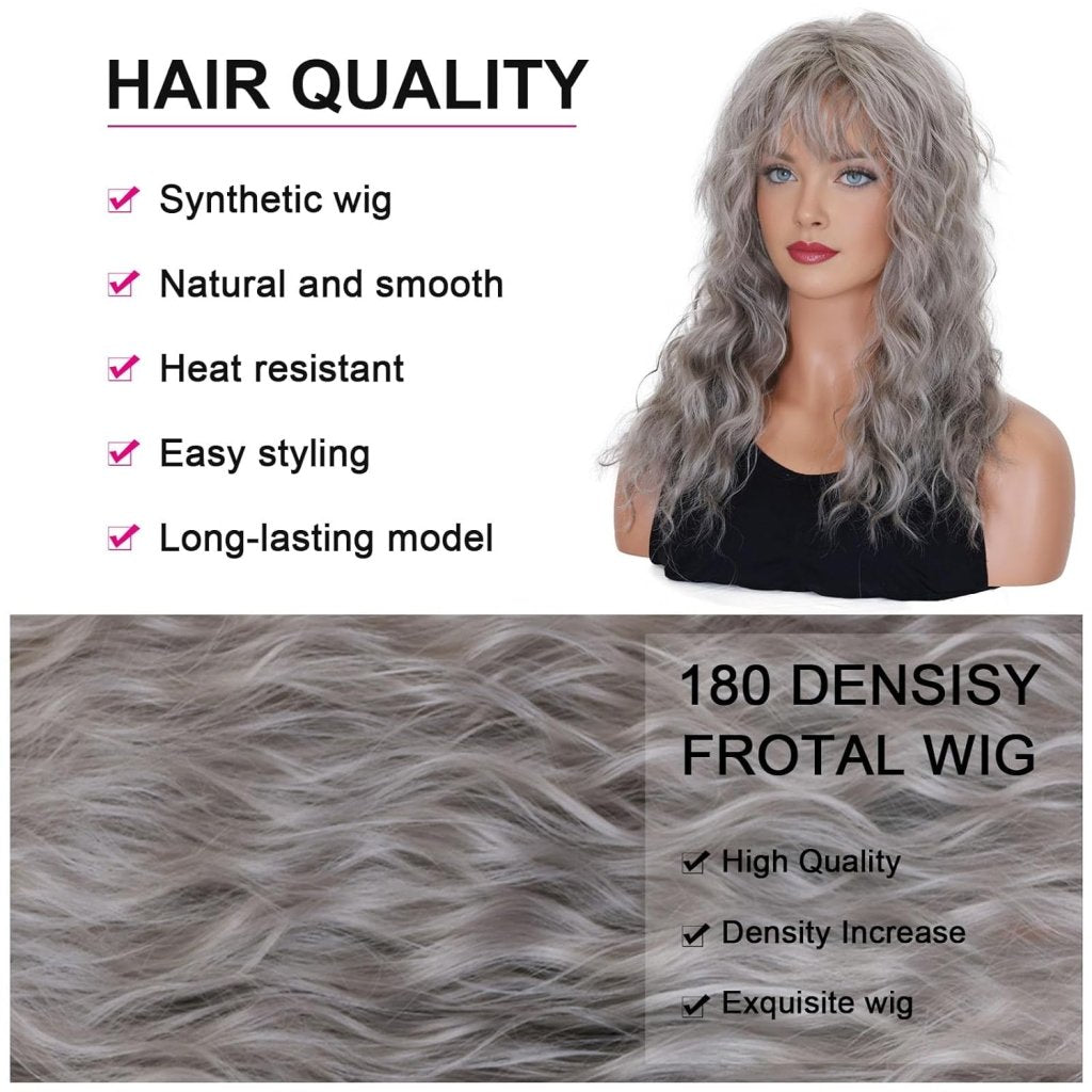 Grey Wig with Bangs Long Curly Synthetic Wigs for White Women 20 Inches - Wigtrends