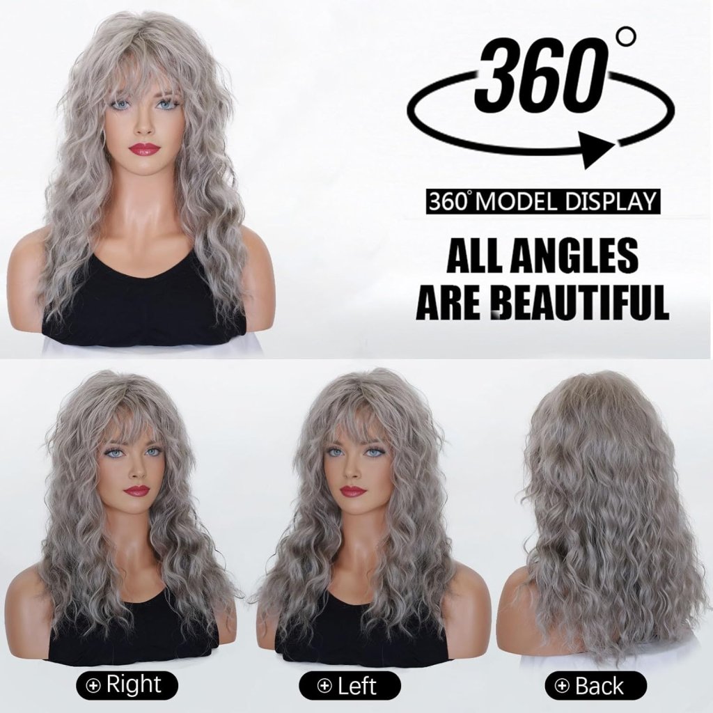 Grey Wig with Bangs Long Curly Synthetic Wigs for White Women 20 Inches - Wigtrends