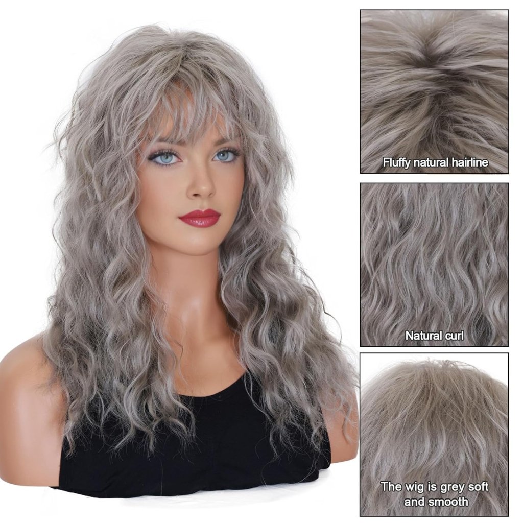 Grey Wig with Bangs Long Curly Synthetic Wigs for White Women 20 Inches - Wigtrends