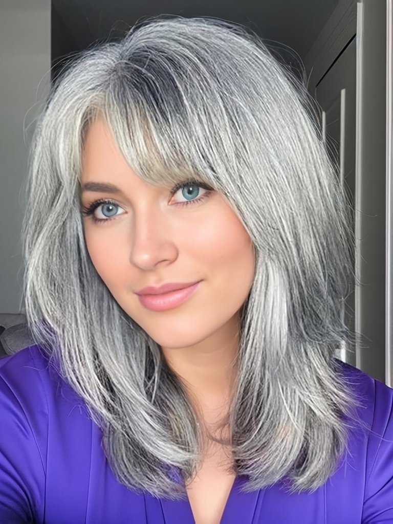 Grey Wigs for White Women Medium Length Layered Silver Gray Wavy Wig Salt and Pepper Wigs for Women - Wigtrends