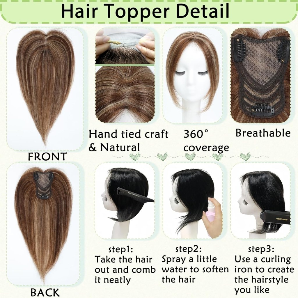 Hair Toppers for Women Real Human Hair 360° No Bangs Upgrade Lace Base Human Hair Toppers - Wigtrends