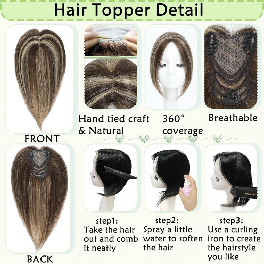 Hair Toppers for Women Real Human Hair 360° No Bangs Upgrade Lace Base Human Hair Toppers - Wigtrends