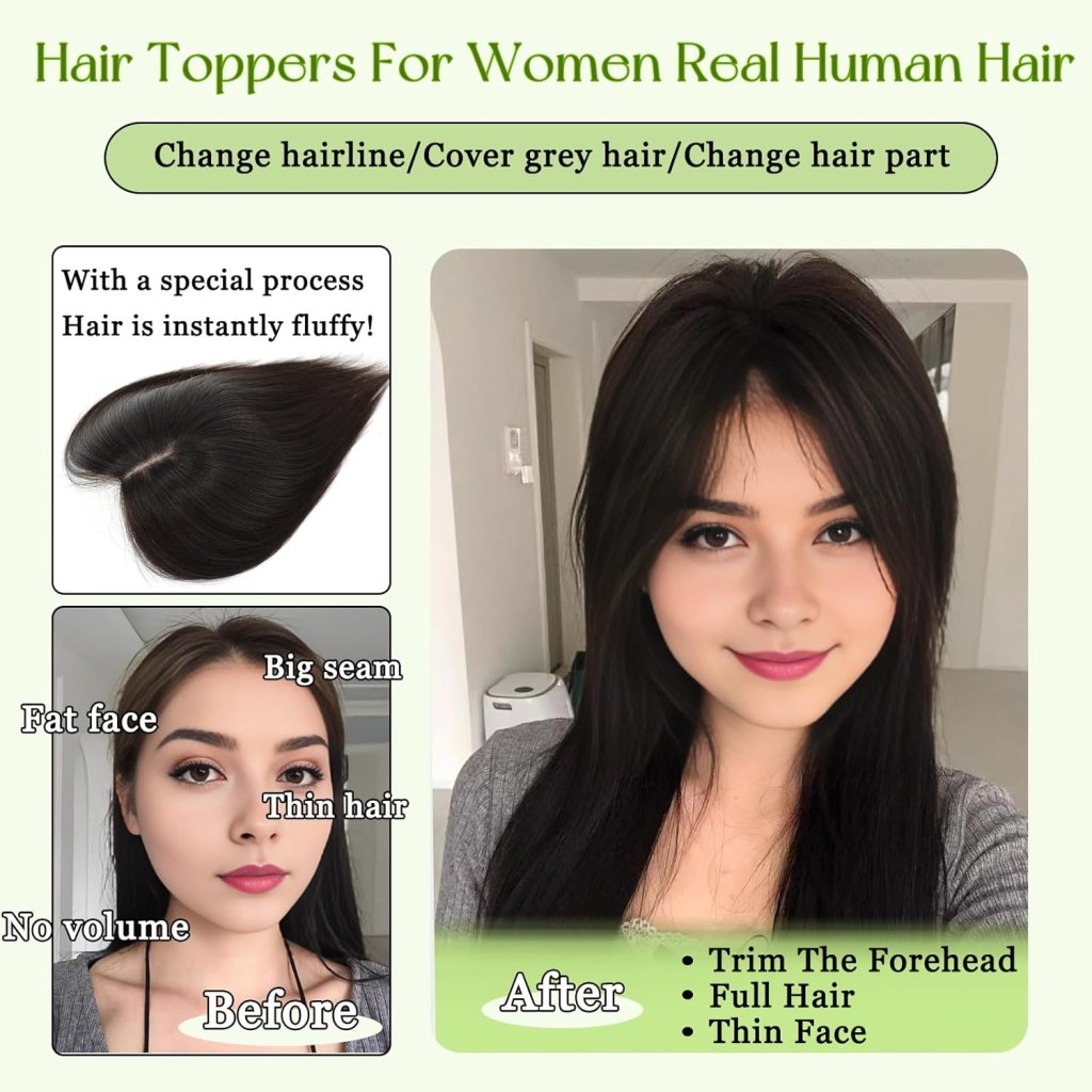 Hair Toppers for Women Real Human Hair 360°3D Bangs Hair Clip with Thinning Hair Realistic Scalp Line Hair Topper - Wigtrends