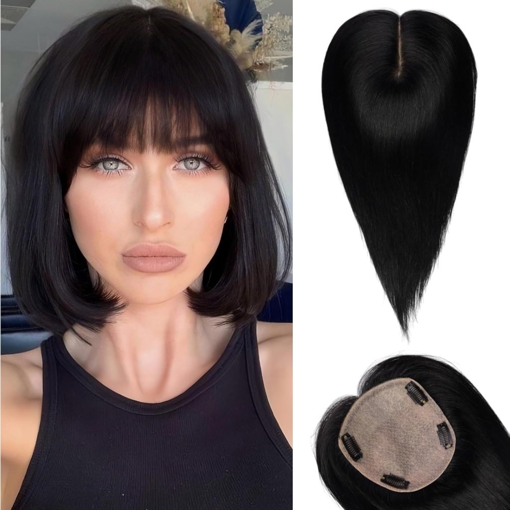 Hair Toppers for Women Real Human Hair 5"*5.5"Large Coverage Brown with Blond Highlight Hair Topper No Bangs - Wigtrends