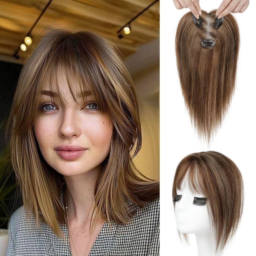 Hair Toppers for Women Real Human Hair Seamless Hair Piece with Bangs - Wigtrends