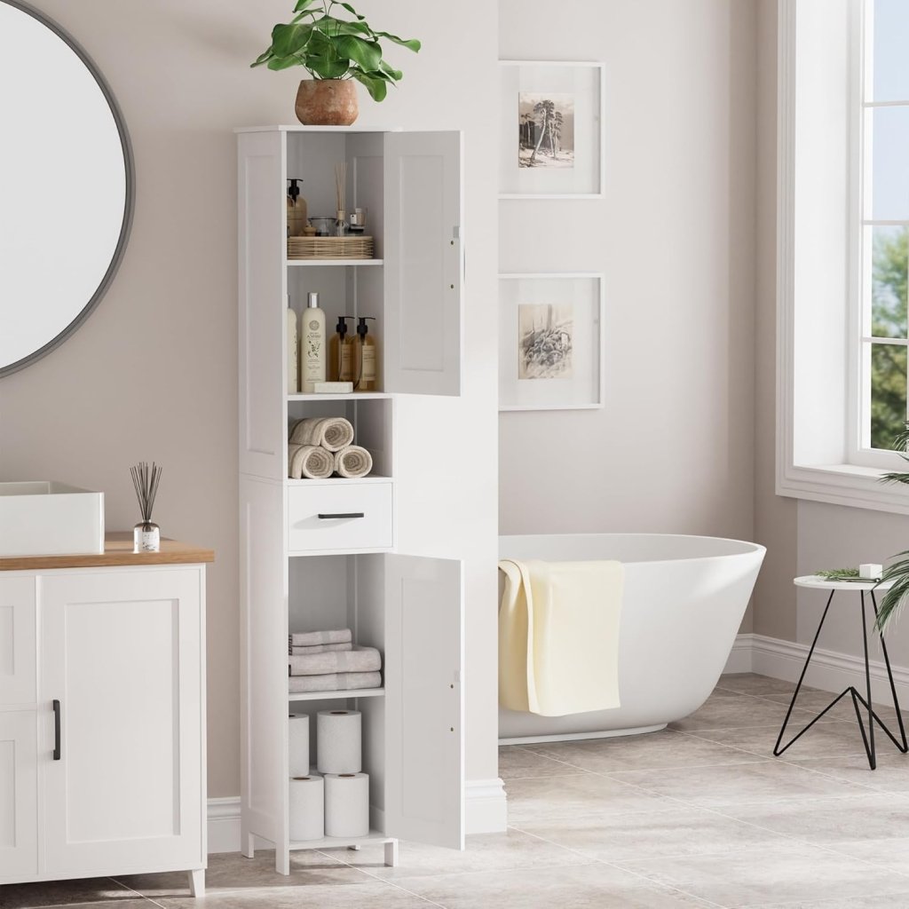 Homhedy 67" H Tall Bathroom Storage Cabinet with 2 Barn Doors and 1 Drawer, Narrow Storage Unit, Adjustable Shelves, Floor Cabinet for Bathroom, Living Room, Entryway, Kitchen, White, (15.7" W) - Wigtrends