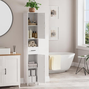 Homhedy 67" H Tall Bathroom Storage Cabinet with 2 Barn Doors and 1 Drawer, Narrow Storage Unit, Adjustable Shelves, Floor Cabinet for Bathroom, Living Room, Entryway, Kitchen, White, (15.7" W) - Wigtrends