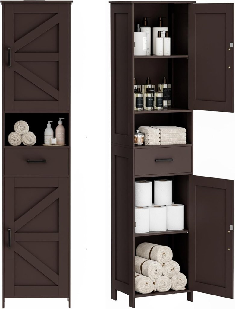 Homhedy 67" H Tall Bathroom Storage Cabinet with 2 Barn Doors and 1 Drawer, Narrow Storage Unit, Adjustable Shelves, Floor Cabinet for Bathroom, Living Room, Entryway, Kitchen, White, (15.7" W) - Wigtrends