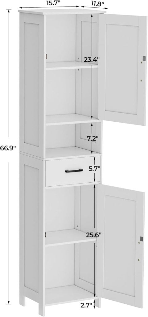 Homhedy 67" H Tall Bathroom Storage Cabinet with 2 Barn Doors and 1 Drawer, Narrow Storage Unit, Adjustable Shelves, Floor Cabinet for Bathroom, Living Room, Entryway, Kitchen, White, (15.7" W) - Wigtrends