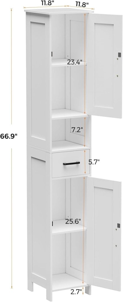 Homhedy 67" H Tall Bathroom Storage Cabinet with 2 Barn Doors and 1 Drawer, Narrow Storage Unit, Adjustable Shelves, Floor Cabinet for Bathroom, Living Room, Entryway, Kitchen, White, (15.7" W) - Wigtrends