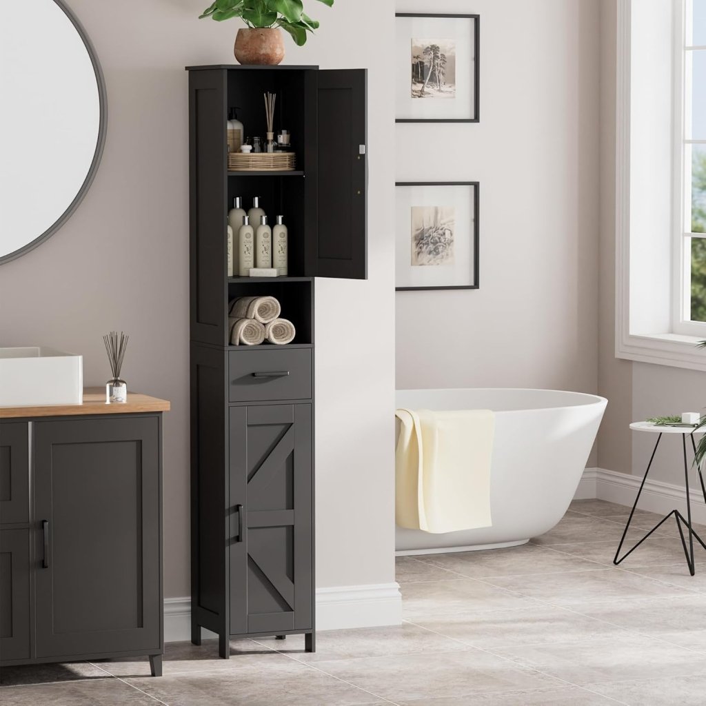 Homhedy 67" H Tall Bathroom Storage Cabinet with 2 Barn Doors and 1 Drawer, Narrow Storage Unit, Adjustable Shelves, Floor Cabinet for Bathroom, Living Room, Entryway, Kitchen, White, (15.7" W) - Wigtrends