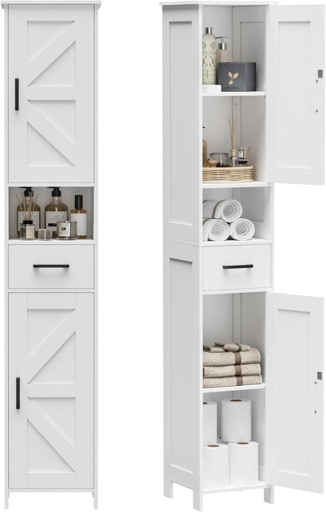 Homhedy 67" H Tall Bathroom Storage Cabinet with 2 Barn Doors and 1 Drawer, Narrow Storage Unit, Adjustable Shelves, Floor Cabinet for Bathroom, Living Room, Entryway, Kitchen, White, (15.7" W) - Wigtrends