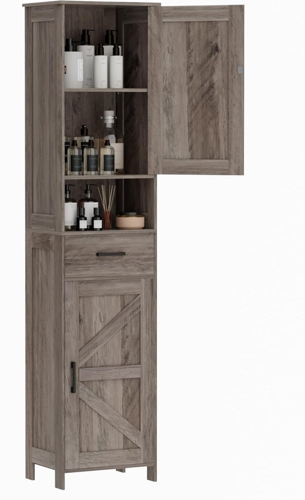 Homhedy 67" H Tall Bathroom Storage Cabinet with 2 Barn Doors and 1 Drawer, Narrow Storage Unit, Adjustable Shelves, Floor Cabinet for Bathroom, Living Room, Entryway, Kitchen, White, (15.7" W) - Wigtrends