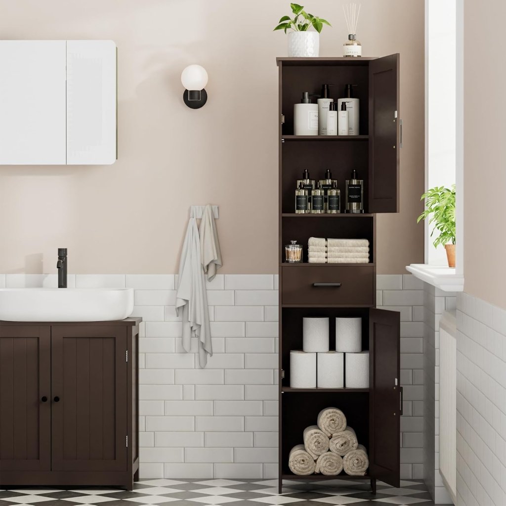 Homhedy 67" H Tall Bathroom Storage Cabinet with 2 Barn Doors and 1 Drawer, Narrow Storage Unit, Adjustable Shelves, Floor Cabinet for Bathroom, Living Room, Entryway, Kitchen, White, (15.7" W) - Wigtrends