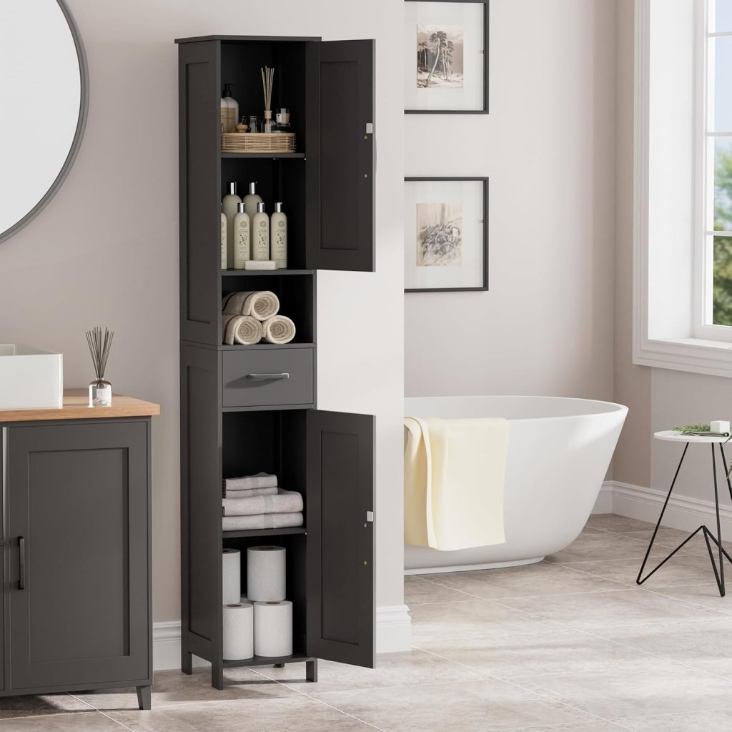 Homhedy 67" H Tall Bathroom Storage Cabinet with 2 Barn Doors and 1 Drawer, Narrow Storage Unit, Adjustable Shelves, Floor Cabinet for Bathroom, Living Room, Entryway, Kitchen, White, (15.7" W) - Wigtrends