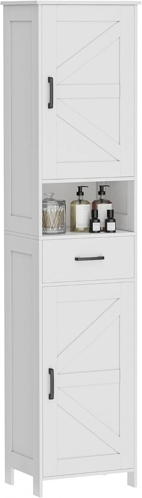 Homhedy 67" H Tall Bathroom Storage Cabinet with 2 Barn Doors and 1 Drawer, Narrow Storage Unit, Adjustable Shelves, Floor Cabinet for Bathroom, Living Room, Entryway, Kitchen, White, (15.7" W) - Wigtrends