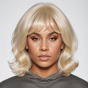 Honey Blonde Layered Shoulder Length With Bang Human Hair Short Bob Wigs - Wigtrends