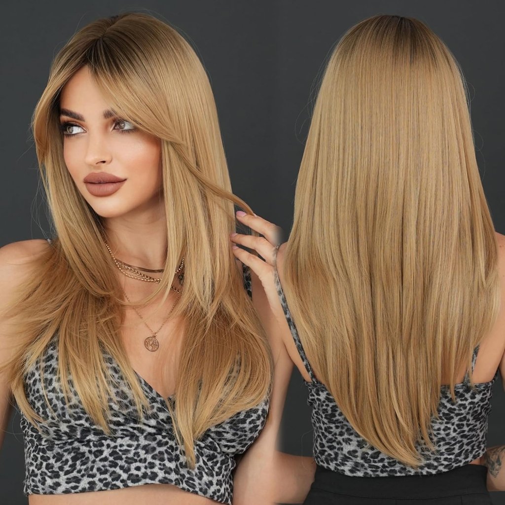 Honey Blonde Wig with Bangs Long Brown Wigs for Women Human Hair Wigs - Wigtrends