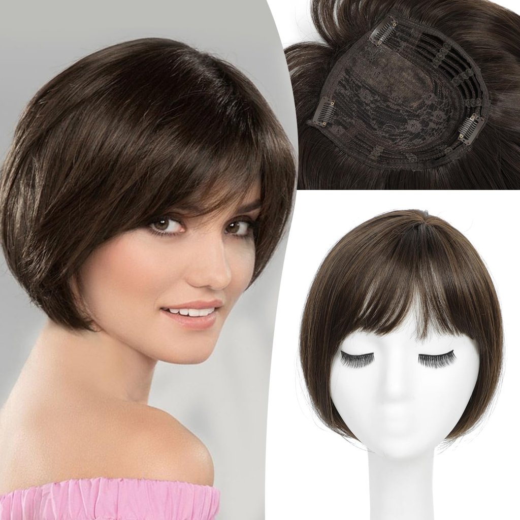 Human Hair Pieces Short Bob Hair Toppers with Bangs Side Part Hair - Wigtrends