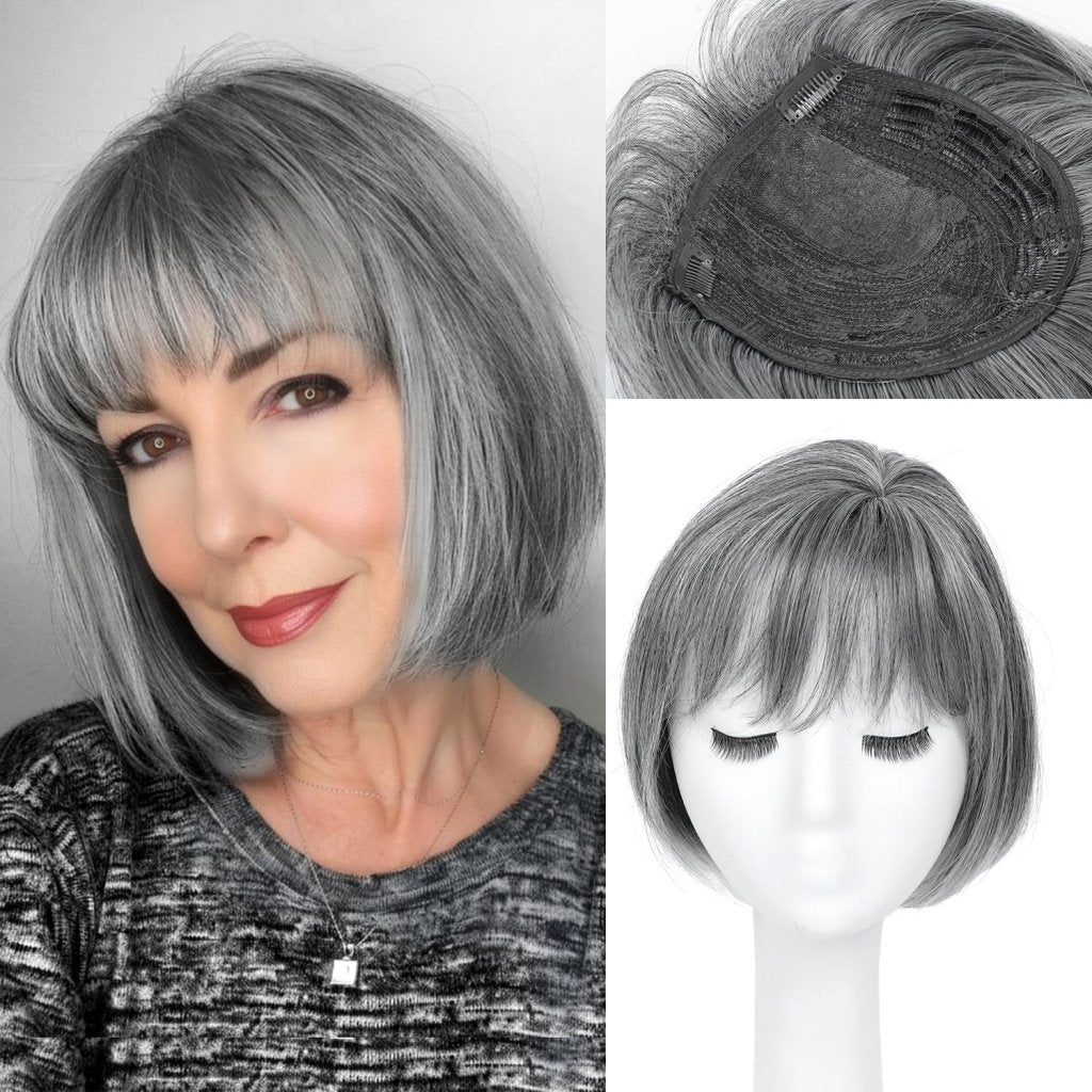 Human Hair Pieces Short Bob Hair Toppers with Bangs Side Part Hair - Wigtrends