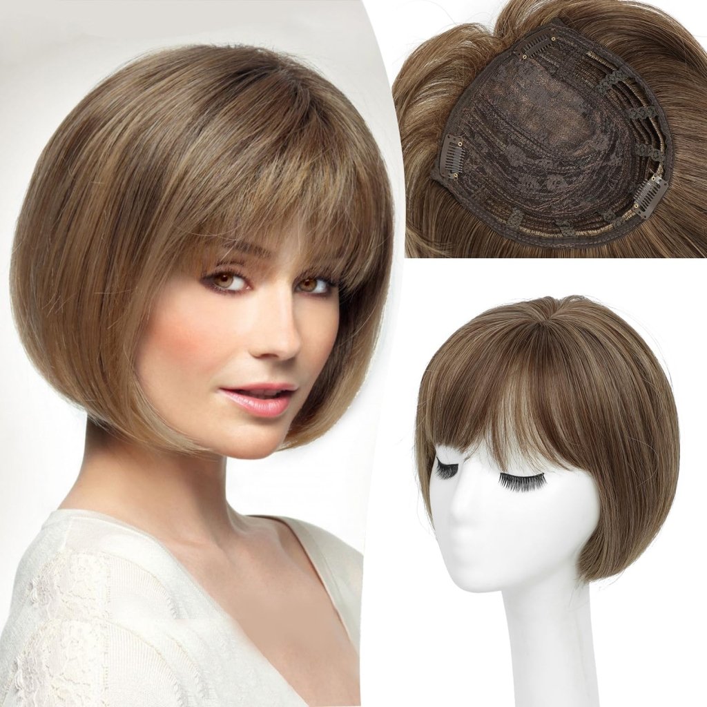 Human Hair Pieces Short Bob Hair Toppers with Bangs Side Part Hair - Wigtrends