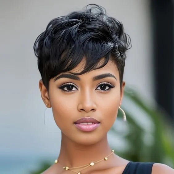 Human Hair Short Pixie Cut Wigs for Black/White Women Wavy Hair Wig with Bangs - Wigtrends