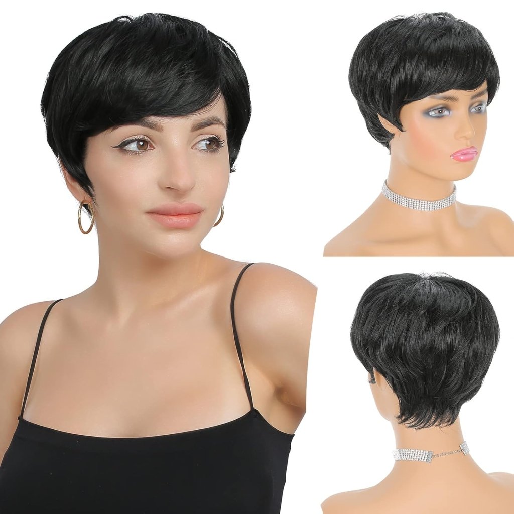 Human Hair Wigs Short Gray Pixie Haircut Wig Wavy Grey to Black Wigs - Wigtrends