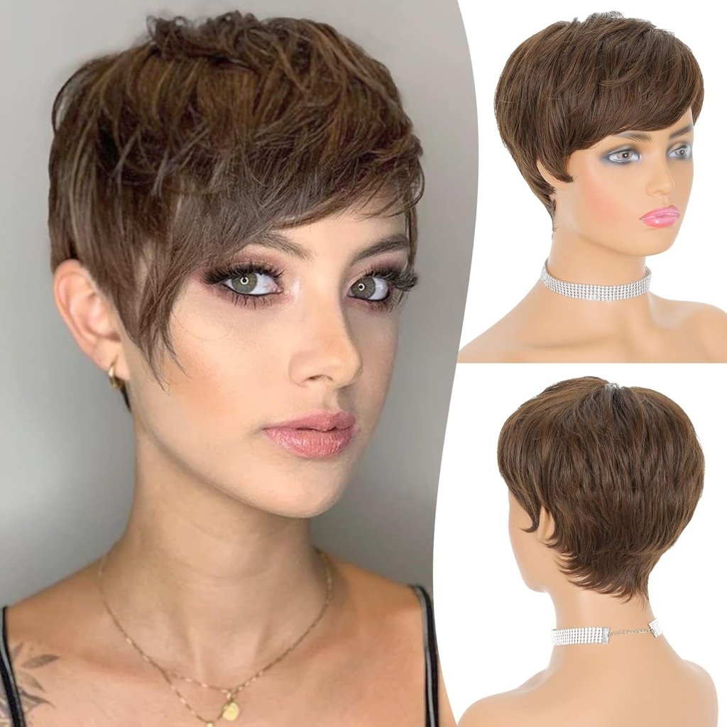 Human Hair Wigs Short Gray Pixie Haircut Wig Wavy Grey to Black Wigs - Wigtrends