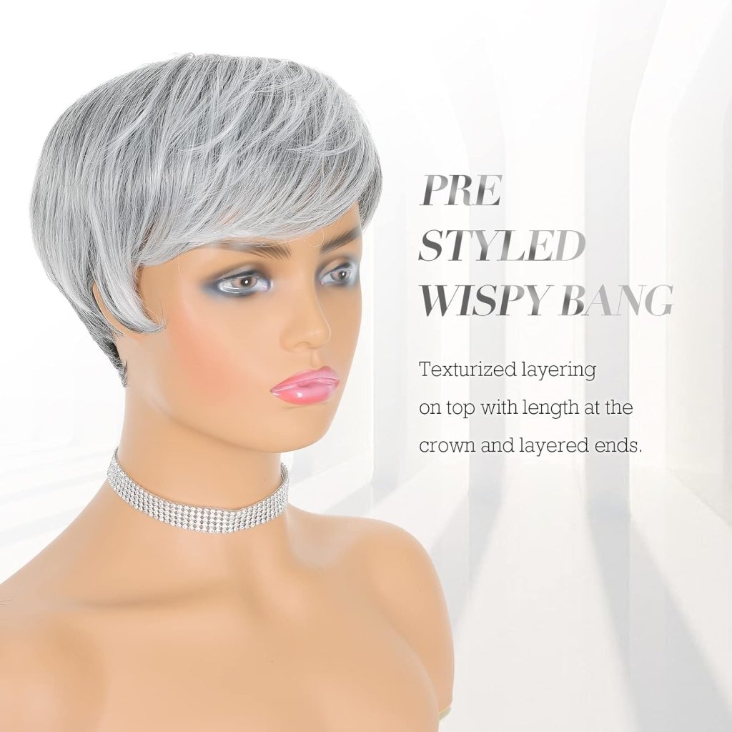 Human Hair Wigs Short Gray Pixie Haircut Wig Wavy Grey to Black Wigs - Wigtrends