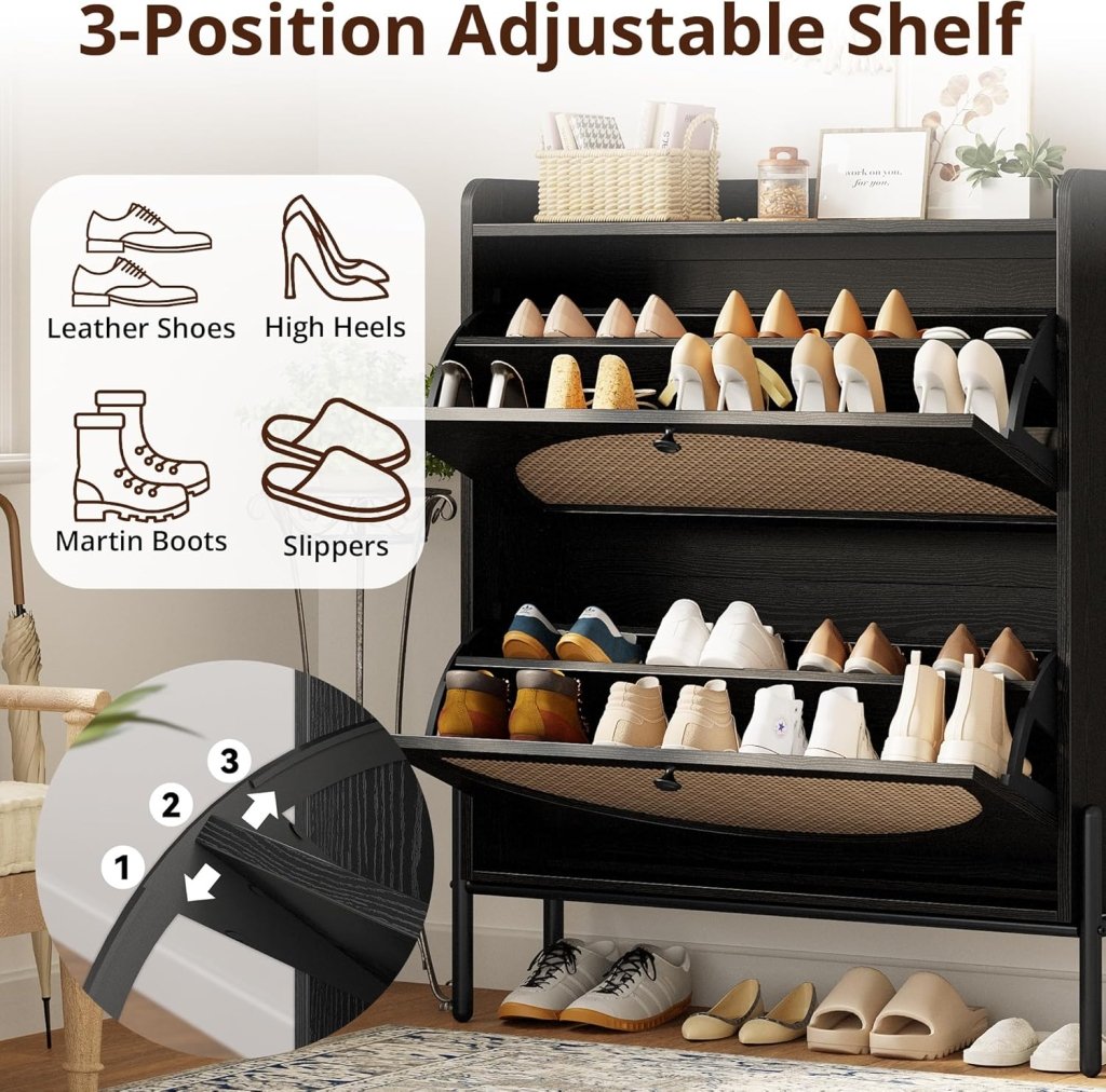 IRONCK Shoe Cabinet Storage with 2 Flip Drawers, Free Standing Wooden Shoe Storage Organizer Cabinet with Rattan Doors for Entryway, Narrow Shoe Rack Cabinet, Oak - Wigtrends