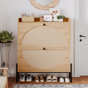 IRONCK Shoe Cabinet Storage with 2 Flip Drawers, Free Standing Wooden Shoe Storage Organizer Cabinet with Rattan Doors for Entryway, Narrow Shoe Rack Cabinet, Oak - Wigtrends