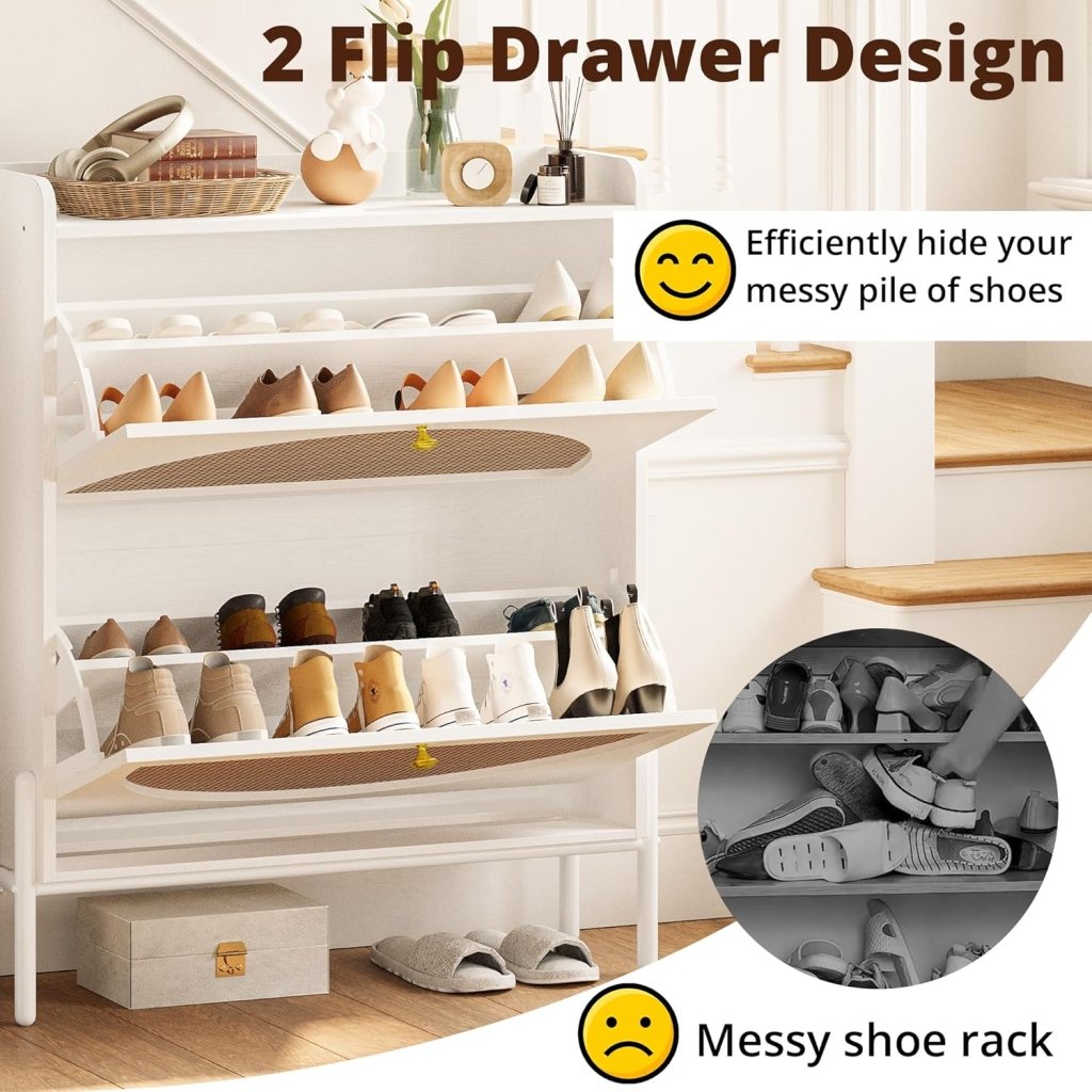 IRONCK Shoe Cabinet Storage with 2 Flip Drawers, Free Standing Wooden Shoe Storage Organizer Cabinet with Rattan Doors for Entryway, Narrow Shoe Rack Cabinet, Oak - Wigtrends