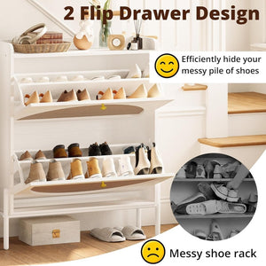 IRONCK Shoe Cabinet Storage with 2 Flip Drawers, Free Standing Wooden Shoe Storage Organizer Cabinet with Rattan Doors for Entryway, Narrow Shoe Rack Cabinet, Oak - Wigtrends