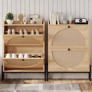 IRONCK Shoe Cabinet Storage with 2 Flip Drawers, Free Standing Wooden Shoe Storage Organizer Cabinet with Rattan Doors for Entryway, Narrow Shoe Rack Cabinet, Oak - Wigtrends