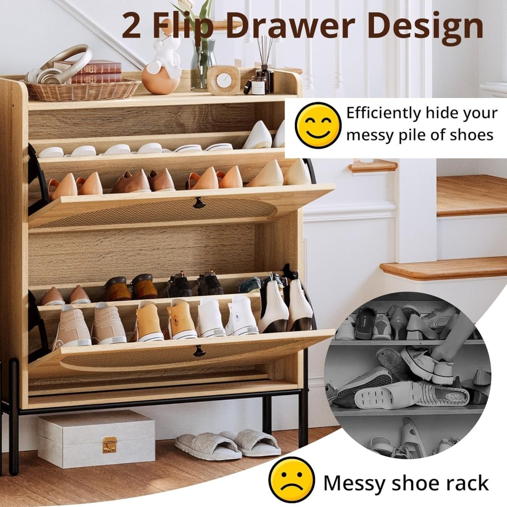 IRONCK Shoe Cabinet Storage with 2 Flip Drawers, Free Standing Wooden Shoe Storage Organizer Cabinet with Rattan Doors for Entryway, Narrow Shoe Rack Cabinet, Oak - Wigtrends