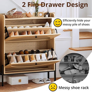 IRONCK Shoe Cabinet Storage with 2 Flip Drawers, Free Standing Wooden Shoe Storage Organizer Cabinet with Rattan Doors for Entryway, Narrow Shoe Rack Cabinet, Oak - Wigtrends