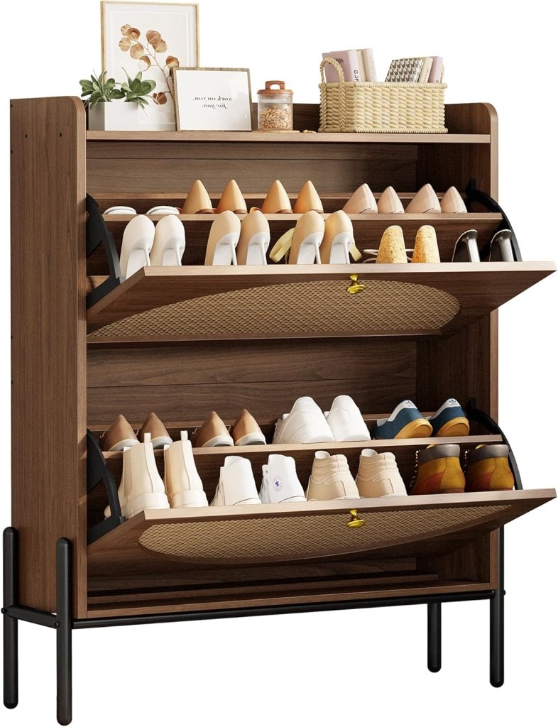 IRONCK Shoe Cabinet Storage with 2 Flip Drawers, Free Standing Wooden Shoe Storage Organizer Cabinet with Rattan Doors for Entryway, Narrow Shoe Rack Cabinet, Oak - Wigtrends