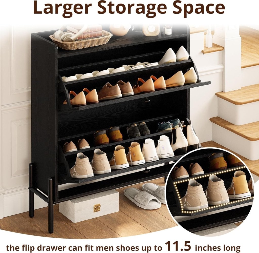 IRONCK Shoe Cabinet Storage with 2 Flip Drawers, Free Standing Wooden Shoe Storage Organizer Cabinet with Rattan Doors for Entryway, Narrow Shoe Rack Cabinet, Oak - Wigtrends